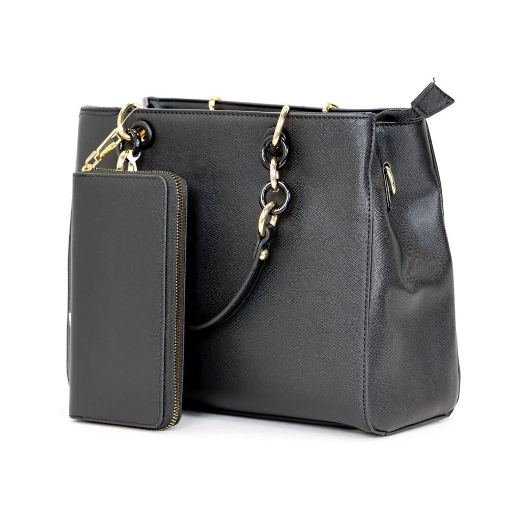 Black Faux Leather Purse and Wallet 2 in 1 Set Tote Cross Body Shoulder Bag